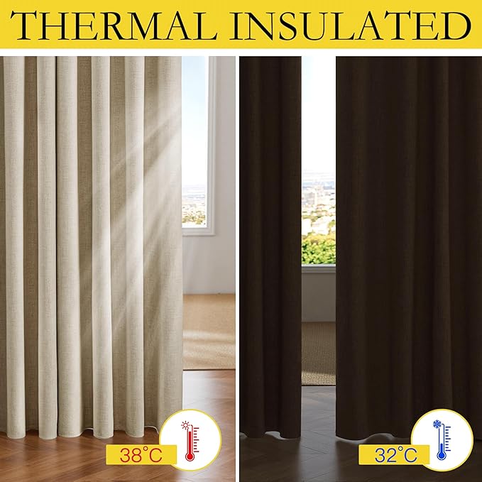 NICETOWN Cream 100% Blackout Linen Curtains 45 inch Long Burg for Living Room, 1 Pair, 52" Width Each Panel, Farmhouse Thick Completely Blackout Window Treatment Thermal Insulated Drapes