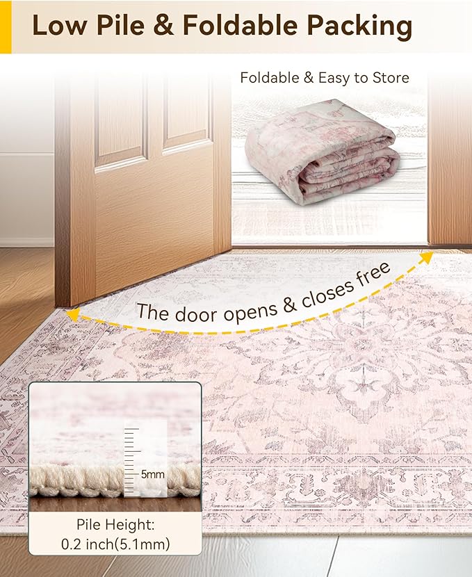 Area Rugs 2'6''x8' Runner Rug Non Slip Washable for Kitchen Hallway Bedroom Beside Laundry Room Bathroom Rug, Floor Carpet, Pink Greypink Cute