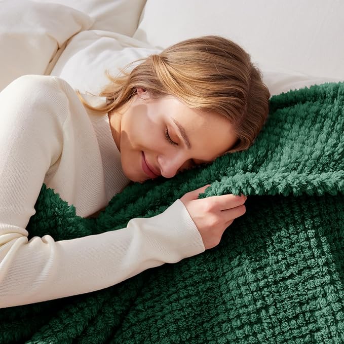 Whale Flotilla Twin Size Fuzzy Fleece Blanket for Bed, 60x80 Inch Fluffy Warm Soft Jacquard Blankets for All Season, Lightweight and Cozy, Deep Green