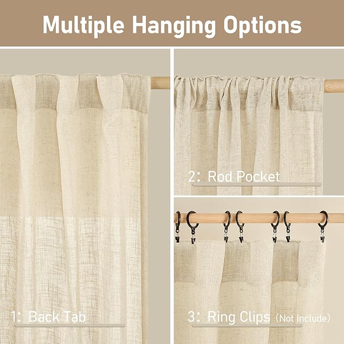 LAMIT Beige Linen Curtains for Doorway Living Room 2 Panels Set, 80 Inch Faux Linen Textured Light Filtering Drapes Back Tab and Rod Pocket Boho Panels for Bedroom/Porch, 52 x 80 Inch
