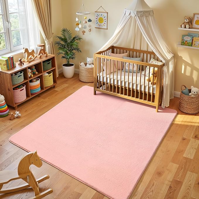 Amearea 5x5 Square Area Rugs for Bedroom Living Room, Modern Pink Thickened Memory Foam Rug, Fluffy Indoor Washable Rugs Non Slip Minimalist Carpet for Kids Boys Girls Dorm Nursery Room Decor