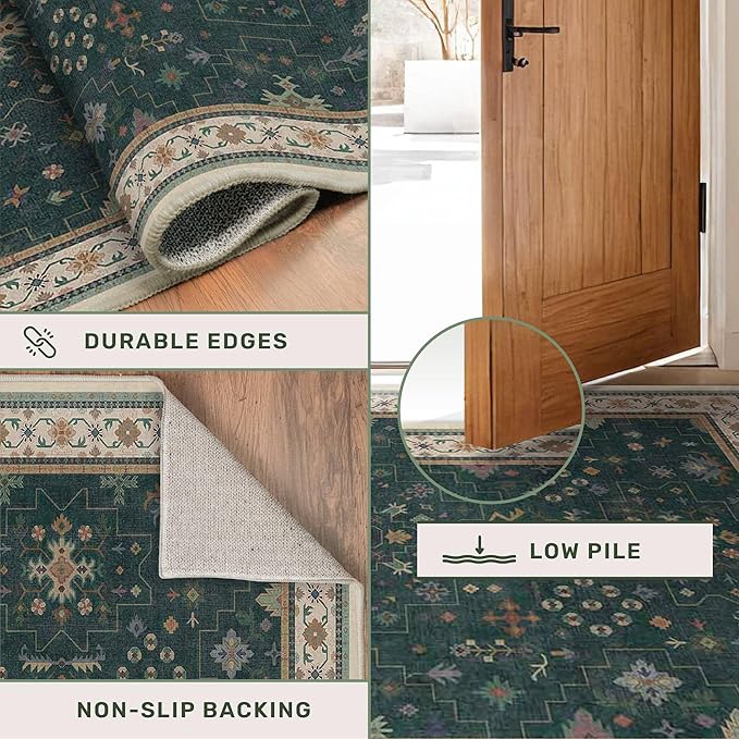 Hazo Haus Dark Green Vintage 7x10 Washable Rugs for Living Room - Dark Academia Victorian Floral Geometric Bedroom Rug, Ultra Soft Thin Low Pile Non-Slip Large Rugs for Lounge