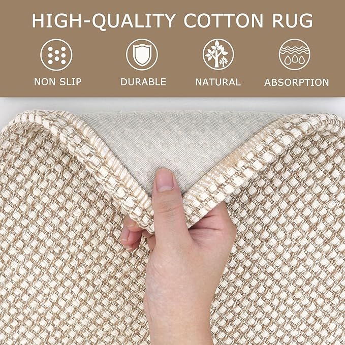 KOZYFLY Runners for Hallways 2x5 ft Washable Kitchen Runner Non Slip Rubber Backed Hall Runners Cotton Entryway Runner Rugs Floor Carpet for Indoor Backdoor Bedroom Kitchen, Ivory/Khaki