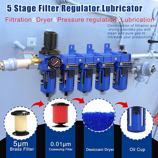 NEWPO 3/8" NPT 5 Stage Air Filter Regulator Lubricator Combo, Compressed Air - Image 3