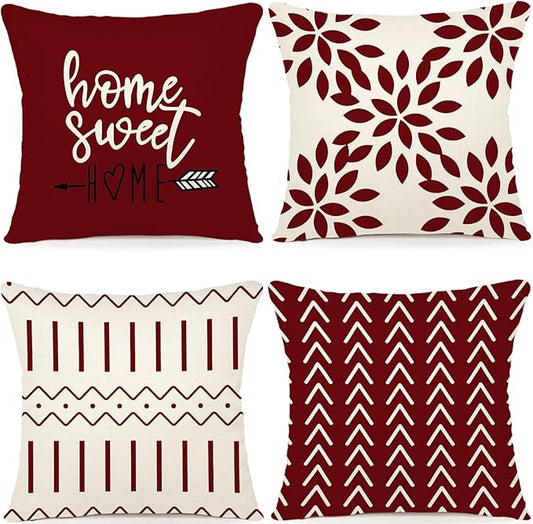 YCOLL Christmas Pillow Covers 22x22 Set of 4, Modern Sofa Throw Pillow Cover for Christmas Decor, Decorative Outdoor Linen Fabric Pillow Case for Couch Bed Car, Wine Red