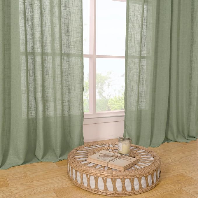 LAMIT Extra Wide Linen Curtains for Bedroom, Sage Green Light Filtering Faux Linen Textured Panels Semi Sheer Back Tab and Rod Pocket Boho Drapes for Living Room, 2 Panels, 60 x 84 Inch