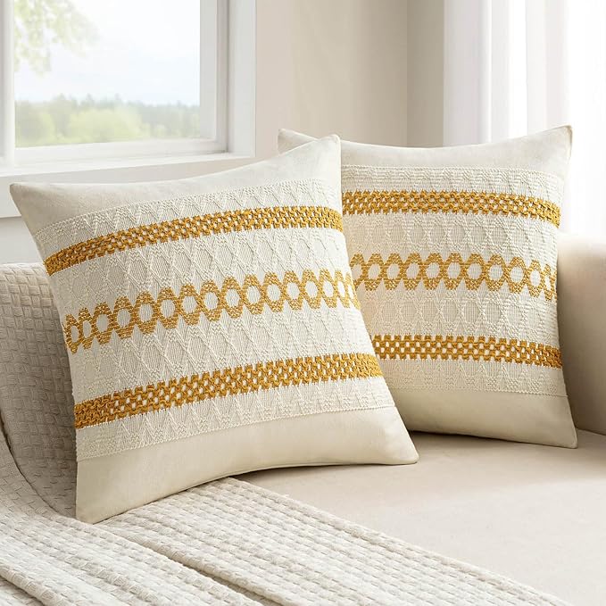 MIULEE Set of 2 Mustard Yellow Boho Decorative Pillow Covers 20x20 Inch Farmhouse Rustic Couch Throw Pillows Modern Spring Cotton Cushion Covers Retro Cute Macrame Woven Home Decor for Bed Sofa Chair