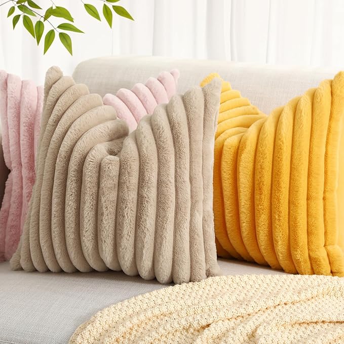 decorUhome Summer Cozy Faux Fur Throw Pillow Covers 22x22 Set of 2 Decorative Plush Striped Modern Farmhouse Boho Couch Euro Sham Pillow Cases with Velvet Back for Sofa Bed Living Room, Mustard Yellow