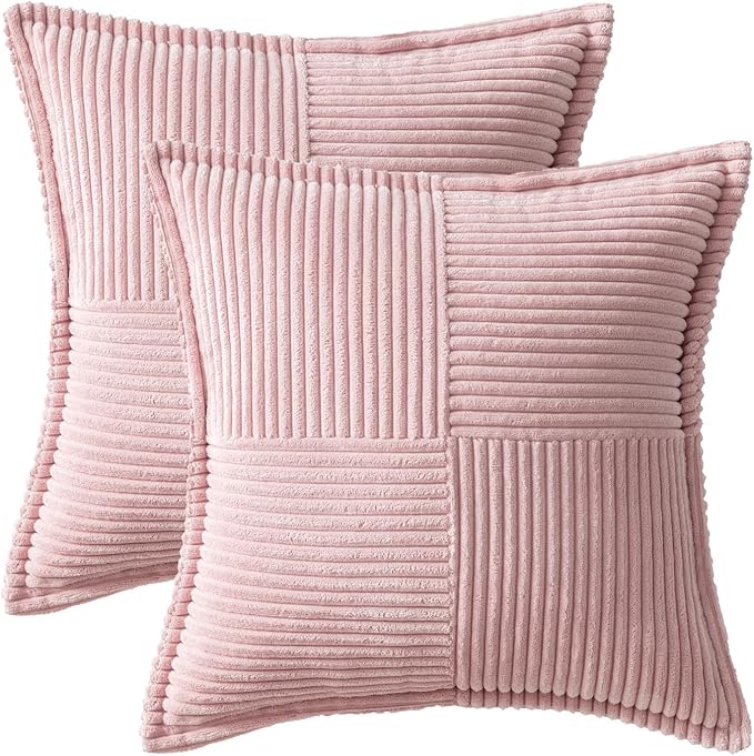 MIULEE Spring Decorative Throw Pillow Covers for Couch Bed Livingroom 16x16 Inch Set of 2 Pink Boho Accent Throw Pllows Broadside Striped Patchwork Soft Corduroy Pillowcases Valentine Decor