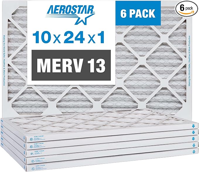 Aerostar 10x24x1 MERV 13, Pleated Air Filter, Box of 6, Made in the USA by AirFiltersDelivered