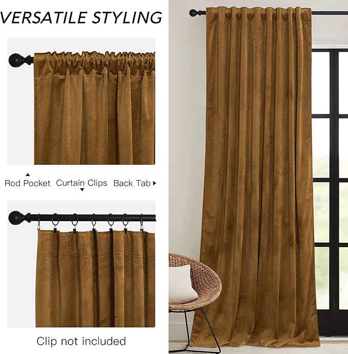 RYB HOME Gold Brown Velvet Curtains, Light Blocking, Energy Saving, Vintage Retro Decor, Privacy Vertical Fall Autumn Curtains for Bedroom Living Room Dining Room, W52 x L84 inches, 2 Panels