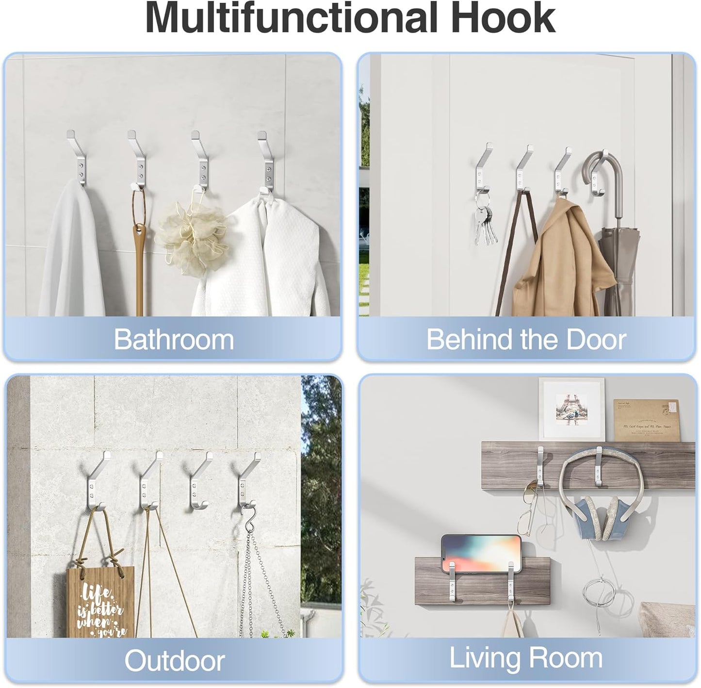 10-Pack Coat Hook for Hanging, 20LB (Max), Stainless Wall Hooks for Towel, Hat, Backpack, Key, Clothes, Wall Mounted Coat Hanger for Closet, Metal, Silver 3.75“