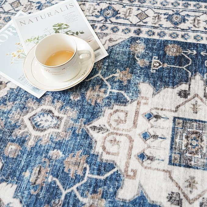 2x3 Washable Vintage Area Rug: Indoor Soft Entryway Rug with Non Slip Backing Water Resistant Carpet for Kitchen Bathroom Laundry Low Pile Door Mat Perfect for Homes with Cats & Dogs(2x3,Blue)