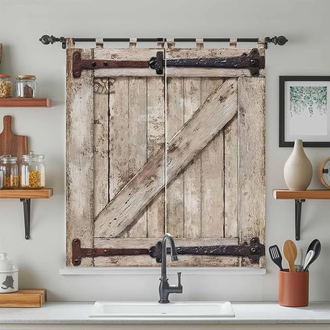 Farmhouse Wood Grain Bathroom Curtains 63 Inch Length, Window Curtains Tab Top - Image 3