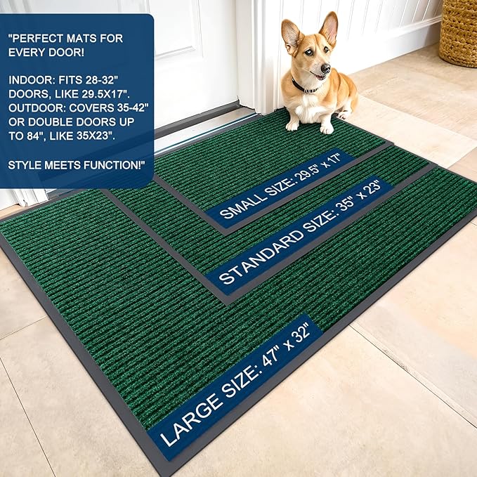 OLANLY Front Door Mat Indoor Outdoor Entrance, Waterproof Heavy Duty Doormat, Fade Resistant, Low Profile, Easy Clean Patio Porch Welcome Floor Mats for Entry, 47x17, Green
