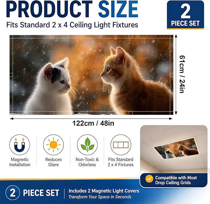 2 Pack Two Cute Kittens Decorative Ceiling Light Covers, Magnetic 4x2 Ft - Image 2