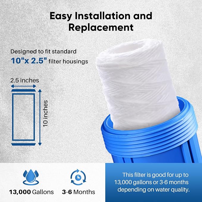 PUREPLUS 20 Micron 10"x2.5" Whole House String Wound Sediment Filter - Image 3