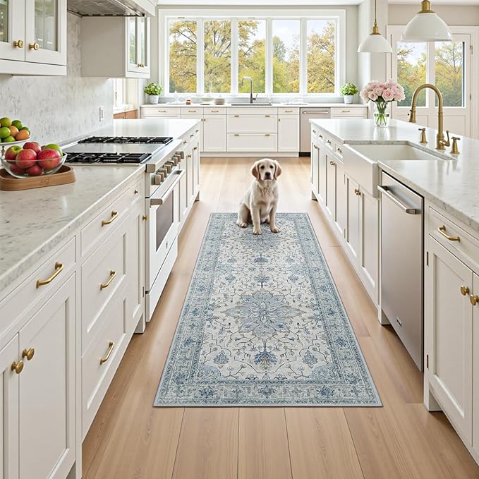Area Rugs 3'x8' Runner Rug Non Slip Washable for Kitchen Hallway Bedroom Beside Laundry Room Bathroom Rug, Floor Carpet, Light Blue Navy Beige Gray White