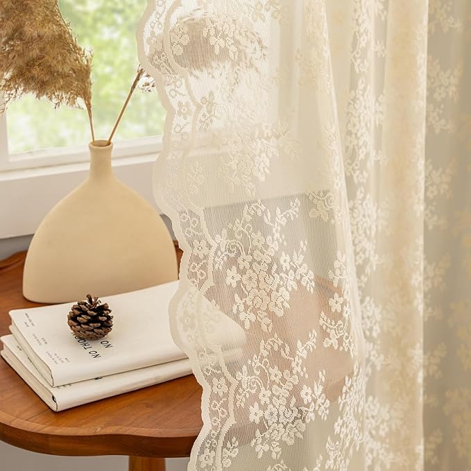 YJ YANJUN Vintage Lace Curtains-Victorian Floral Sheer 80 inch Long Curtains for Closet Without Door Living Room Hallway Light Filtering Retro Closet Door Covering Ideas 1 Pair W52 X L80 Light Beige