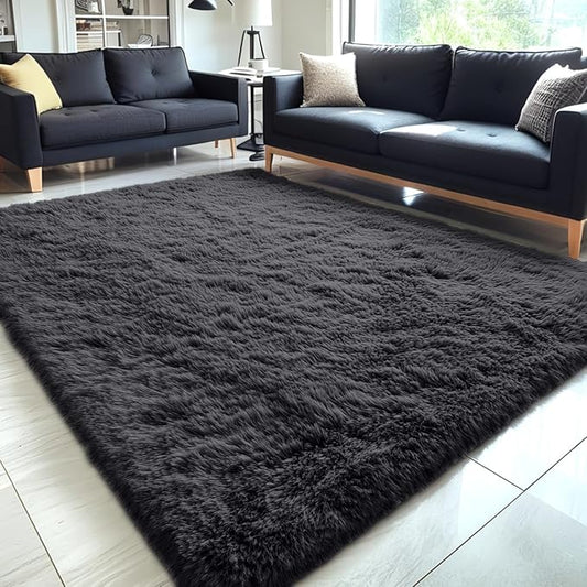 OLANLY 5x5 Area Rugs for Living Room Bedroom, Machine Washable Soft Fluffy Shaggy Bedside Rug, Indoor Floor Carpet for Kids Girls and Boys, Dorms, Nursery Rooms, Home Decor Aesthetic, Black