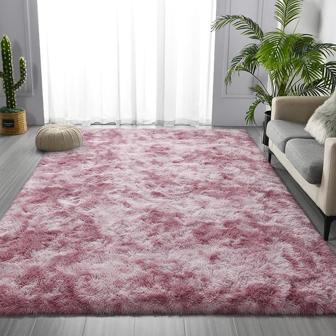 Deerhoo Large Shag Area Rugs 5 x 8, Tie-Dyed Plush Fuzzy Rugs for Living Room, Ultra Soft Fluffy Furry Rug for Bedroom, Indoor Carpet Nursery Rugs for Kids Room Home Decor, Pink Purple