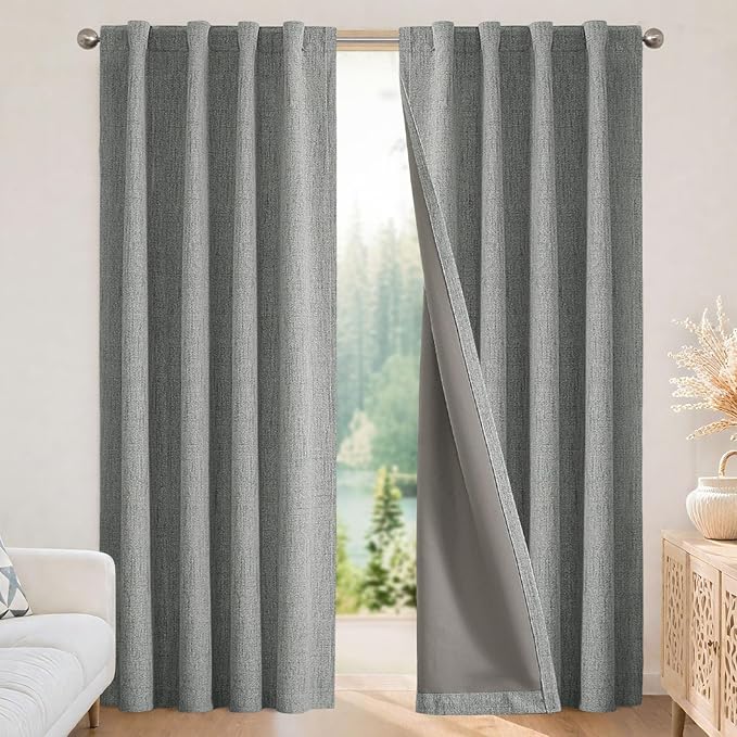 Joydeco Linen Blackout Curtains for Bedroom - 100% Light Blocking 1 Panels, Light Grey Drapes 70" W x 108" L, Thermal Insulated Room Darkening Curtains for Living Room, Rod Pocket & Back Tabs