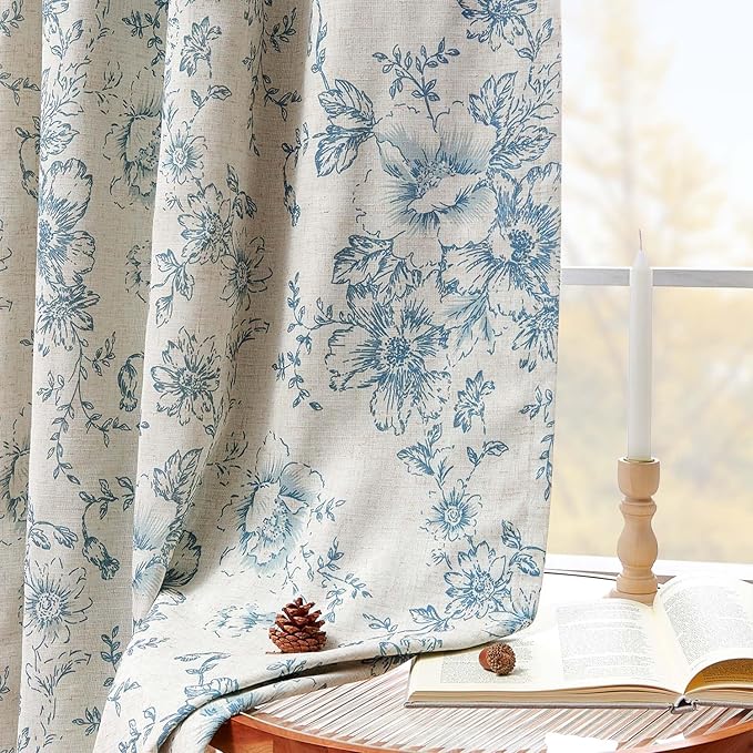 jinchan Blackout Floral Curtains for Living Room Bedroom Linen Blend Curtain Farmhouse Blue Printed with Lined Back Tab Rod Pocket Drapes Window Treatments 2 Panels 84 Inch