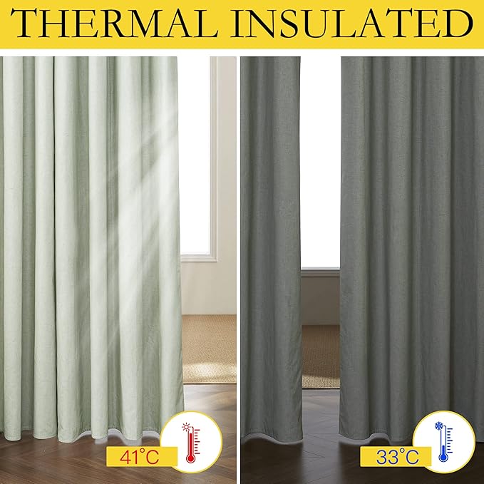 NICETOWN Sage Green 100% Blackout Linen Texture Curtains 72 inches Long 2 Panels for Boy's Room, Thermal Insulated Full Blackout 2-Layer Lined Drapes, Energy Efficiency Window Draperies