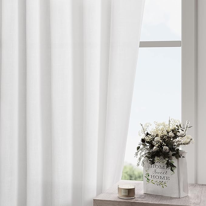Nanspring White Linen Curtains Back Tab Rod Pocket Sheer Drapes 97 Inches Long for Living Room 2 Panels Set Neutral Semi Sheer Light Filtering Curtains for Farmhouse Dining Room 52x97
