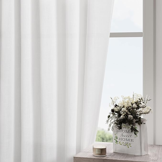 Nanspring White Cafe Curtains 48 Inch Length Set 2 Panel Back Tab Pocket Semi Sheer Short Linen White Curtain Tiers for Small Bathroom Window Basement 52x48