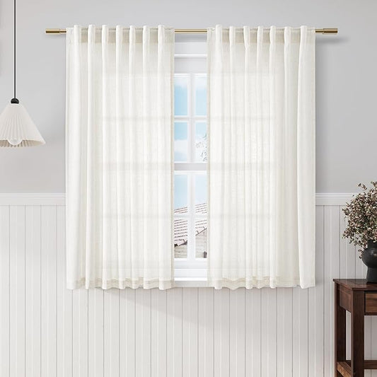 Beige White Kitchen Cafe Sheer Curtains 54 Inch Long 2 Panel Back Tab Linen Textured Light Filtering Short Neutral Bohemian Farmhouse Bedroom Bathroom Curtains 52Wx54L