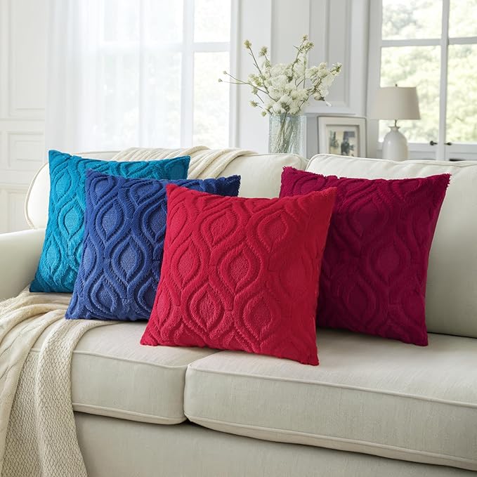 decorUhome Summer Throw Pillow Covers 16x16 Inch Set of 2, Soft Plush Faux Wool Navy Blue Solid Couch Pillow Covers, Accent Farmhouse Neutral Square Pillow Cases for Sofa Bed Living Room