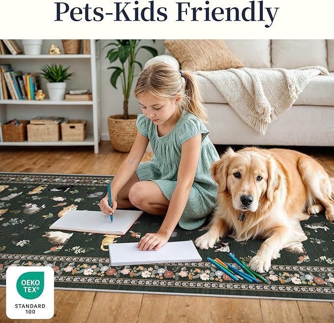 2x10 Washable Hallway Runner Rug - Soft Low Pile Floral Animal Cat Print Rugs with Non-Slip Backing Waterproof Stain-Resistant Indoor Carpet for Kitchen Entryway Bathroom Bedroom (Sage Green)