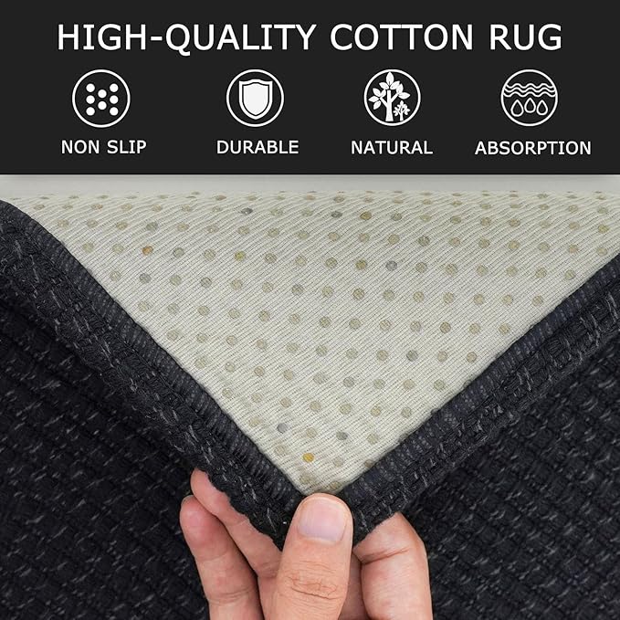 KOZYFLY Runners for Hallways 2x5 ft Washable Kitchen Runner Non Slip Rubber Backed Hall Runners Cotton Entryway Runner Rugs Floor Carpet for Indoor Backdoor Bedroom Kitchen, Black/Dark Grey