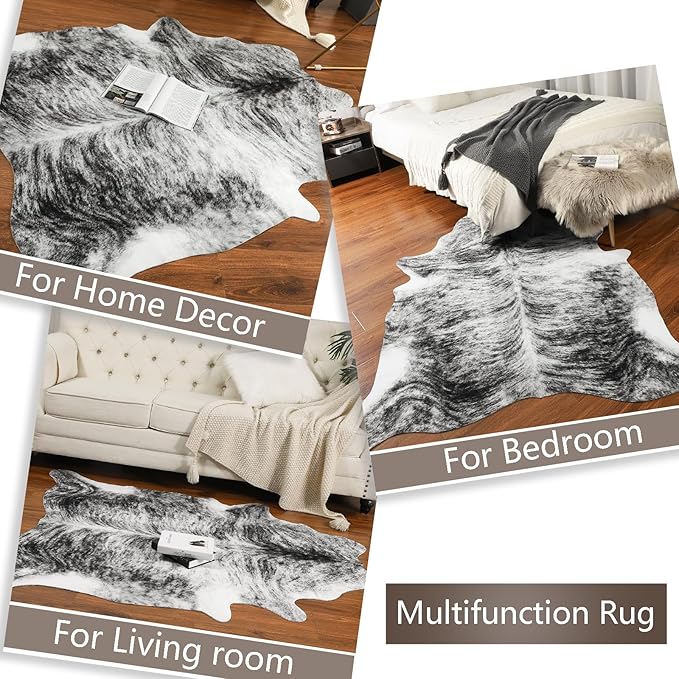 AROGAN 8×10 Feet Western Decor Faux Fur Cowhide Rug, Premium Animal Skin Cow Hide Rug, Sturdy Cow Print Rugs for Wall Decor, Western Floor Carpet for Bedroom Living Room, Black and Grey