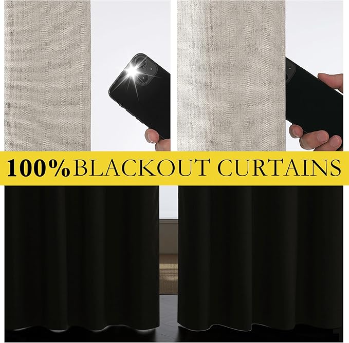 NICETOWN Brich Vintage Open Linen Weave Flax Thermal Curtains, 100% Blackout Curtains 120" Long for Dining Room, Soundproof Window Treatment Drapes for Hall Room, 52" Wide Per Panel, Set of 2
