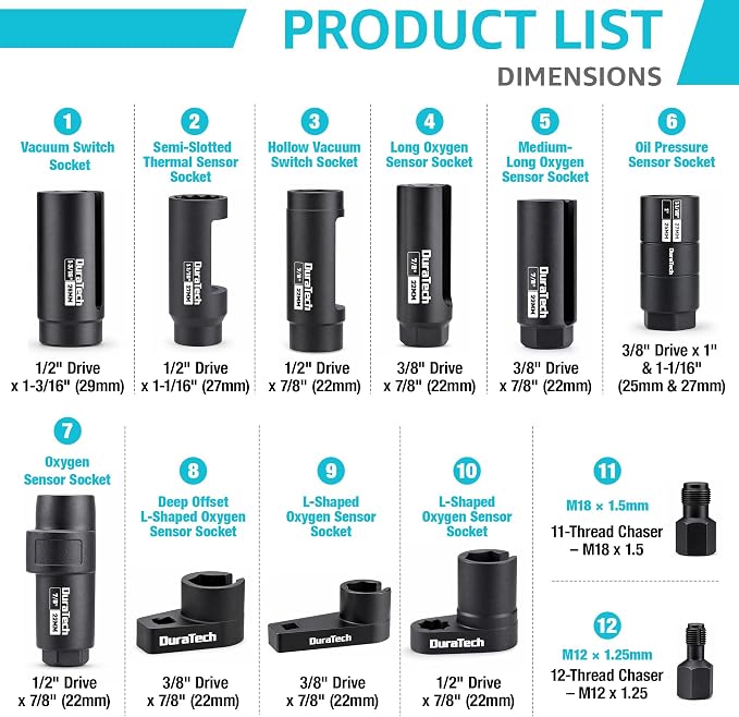 DuraTech 12-Piece Oxygen Sensor Socket Set, O2 Sensor Removal Tool Kit - Image 2
