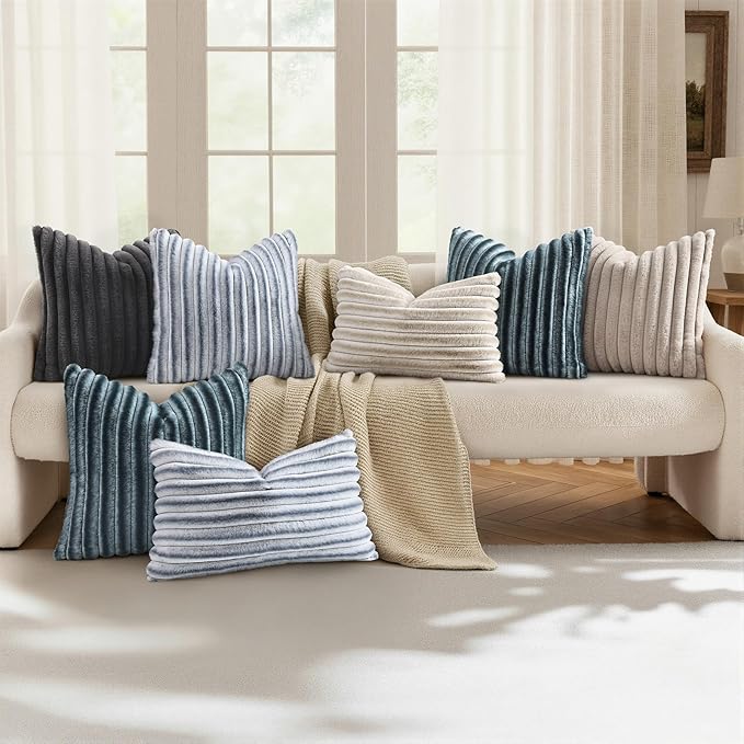 decorUhome Cozy Faux Fur Throw Pillow Covers 24x24 Set of 2 Decorative Soft Plush Striped Modern Farmhouse Boho Couch Euro Sham Pillow Cases with Velvet Back for Sofa Bed Living Room, Blue Grey