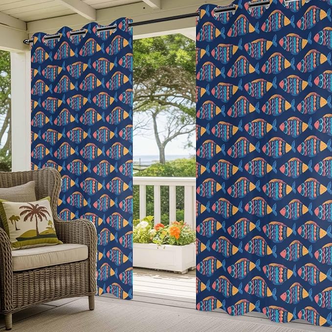 Fish Outdoor Curtains for Patio Vintage National Wind Fish Blue Waterproof - Image 5