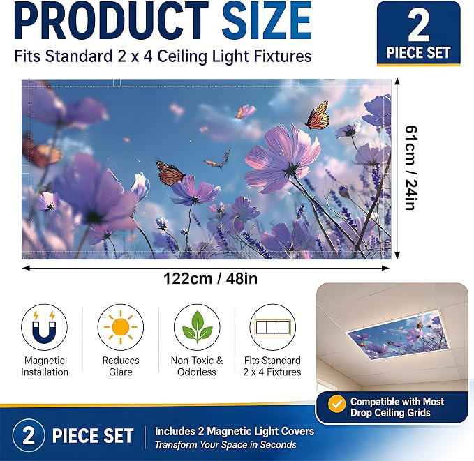 2 Pack Purple Cosmos Butterfly Decorative Ceiling Light Covers, Magnetic 4x2 Ft - Image 2