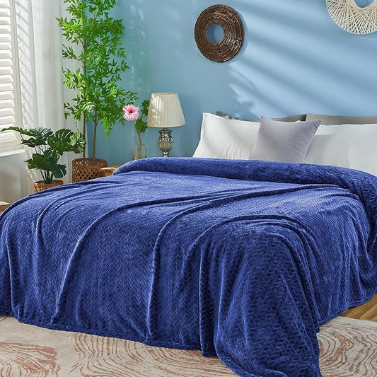 inhand Navy Fleece Queen Blanket for Bed, Super Soft Flannel Cozy Blankets for Adults, Lightweight Leaves Pattern Fuzzy Blanket for Office,Travel, Warm Plush Blankets for All Season, 90x90 Inches