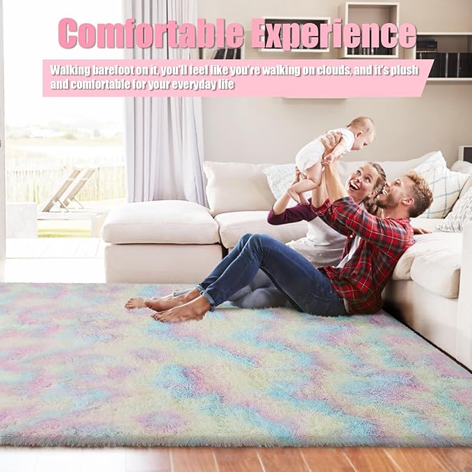 Shag Area Rug for Bedroom 5x8,Fluffy Area Rugs for Living Room,Soft Fuzzy Rug Non-Shedding Indoor Plush Carpet for Kids Bedroom Nursery Dorm Home Decor,Rainbow