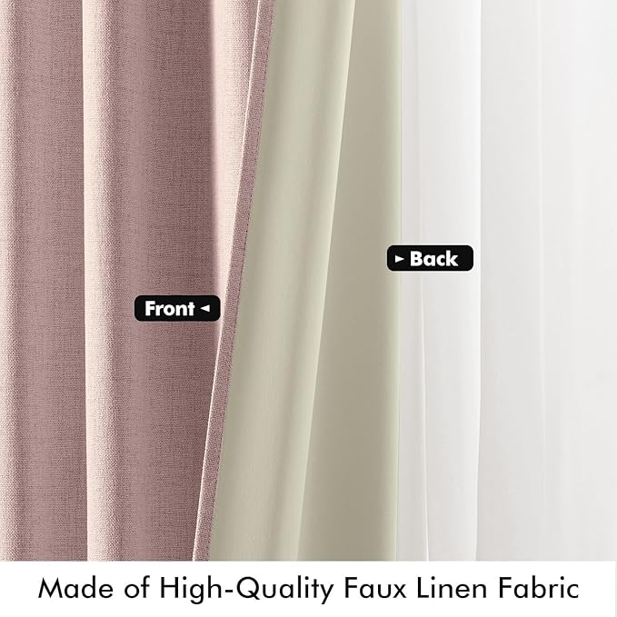 MIULEE 100% Blackout Linen Curtains for Bedroom, Pink Solid Luxury Decor Thermal Insulation Room Darkening Drapes for Living Room Nursery Back Tab Rod Pocket 42 x 63 Inches, 2 Panels