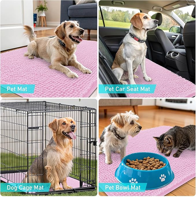 OLANLY Dog Door Mat for Muddy Paws 70x35, Absorbs Moisture and Dirt, Absorbent Non-Slip Washable Doormat, Quick Dry Chenille Mud Mat for Dogs, Entry Indoor Entryway Carpet for Inside Floor, Pink