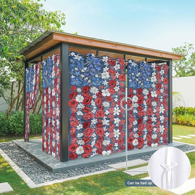 4th of July Outdoor Curtains for Patio Patriotic Flowers Farmhouse Red - Image 7