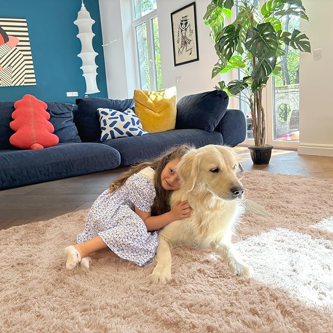 OLANLY 8x10 Machine Washable Large Area Rugs for Living Room, Bedroom, Soft Fluffy Shaggy Bedside Rug, Indoor Floor Carpet for Kids Girls and Boys, Dorms, Nursery, Home Decor Aesthetic, Beige