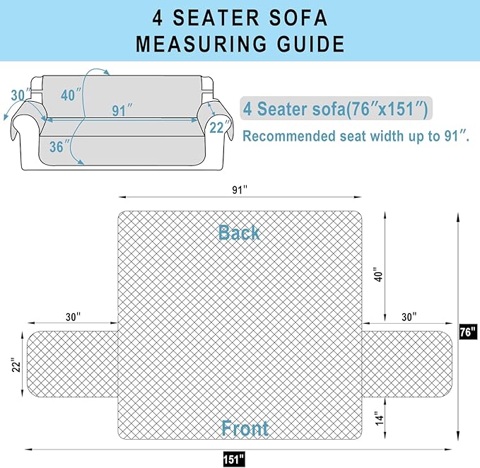 Reversible 4 Seater Sofa Cover 91 Inch Large Couch Cover Furniture Protector(Sofa XX-Large,Light Grey/Beige)