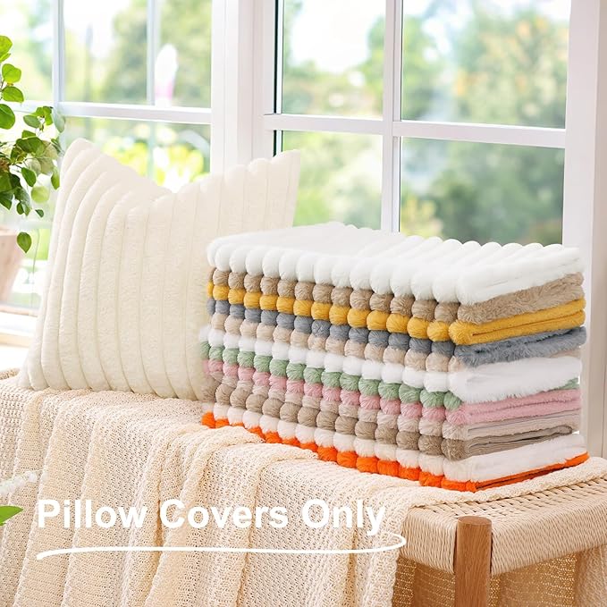 decorUhome Summer Cozy Faux Fur Throw Pillow Covers 26x26 Set of 2 Decorative Soft Plush Striped Modern Farmhouse Boho Couch Euro Sham Pillow Cases with Velvet Back for Sofa Bed Living Room, White