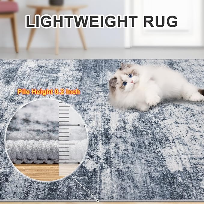 8x10 Area Rugs for Living Room - Washable Rug Modern Abstract Soft Large Neutral Non-Slip Carpet Indoor Floor Thin Carpets for Bedroom Dining Room Farmhouse Nursery Home Office Grey Blue