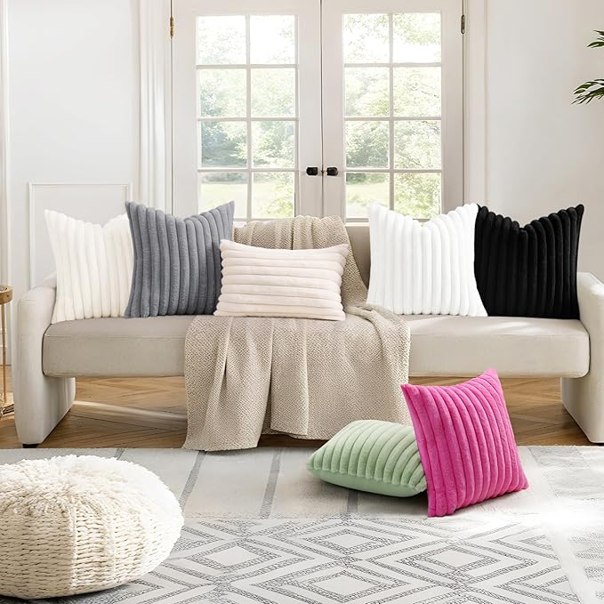 decorUhome Summer Cozy Faux Fur Throw Pillow Covers 18x18 Set of 2 Decorative Soft Plush Striped Modern Farmhouse Boho Couch Pillow Cases with Velvet Back for Sofa Bed Living Room, Hot Pink